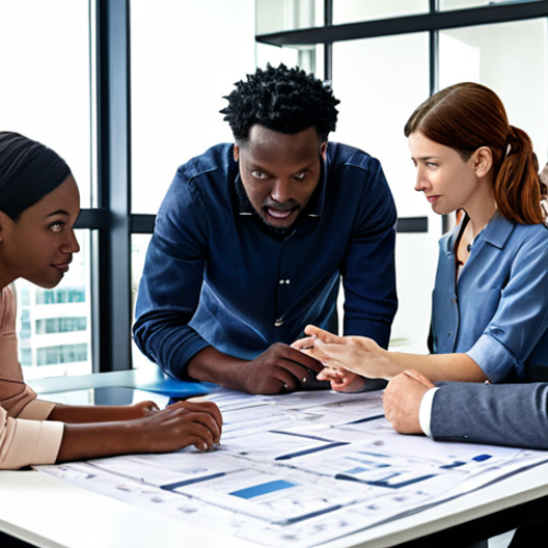 **A diverse group of researchers from academia, industry, and the public sector collaborating around a table filled with blueprints and data charts. The atmosphere is collaborative and innovative, symbolizing partnership and knowledge sharing. (Focus on collaboration and innovation).**