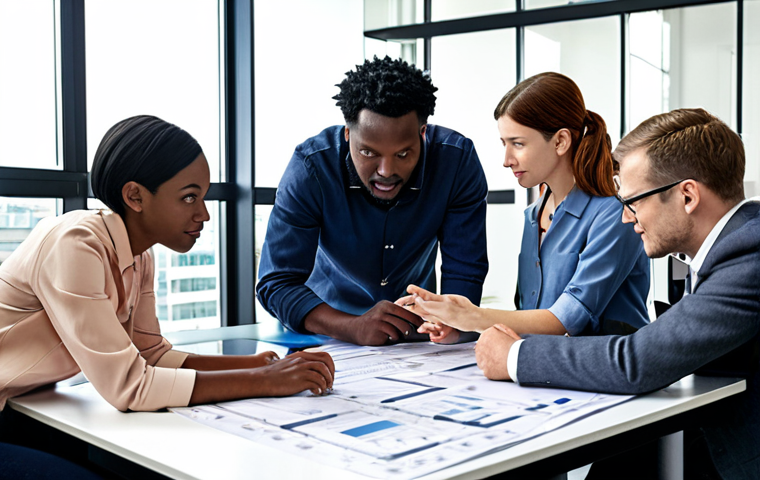**A diverse group of researchers from academia, industry, and the public sector collaborating around a table filled with blueprints and data charts. The atmosphere is collaborative and innovative, symbolizing partnership and knowledge sharing. (Focus on collaboration and innovation).**
